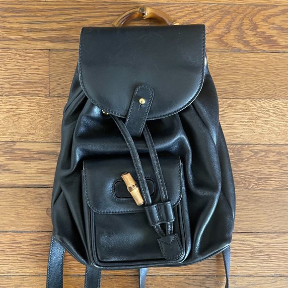 Gucci, Bags, Gucci Vintage Bamboo Leather Backpack Black